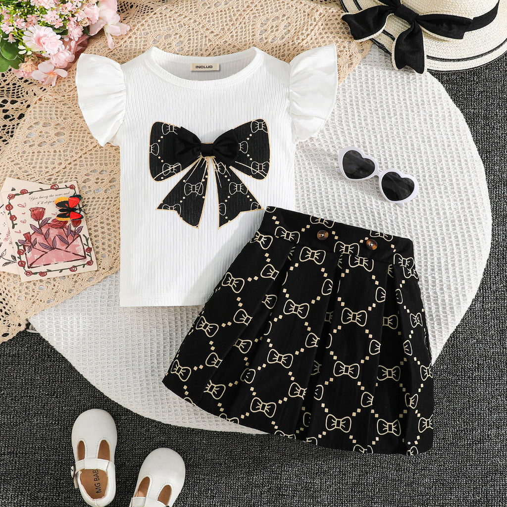 Girls Bow Printed Top With Black Printed Skirt Summer Set 2 pc. Sets Black 2-3 Y