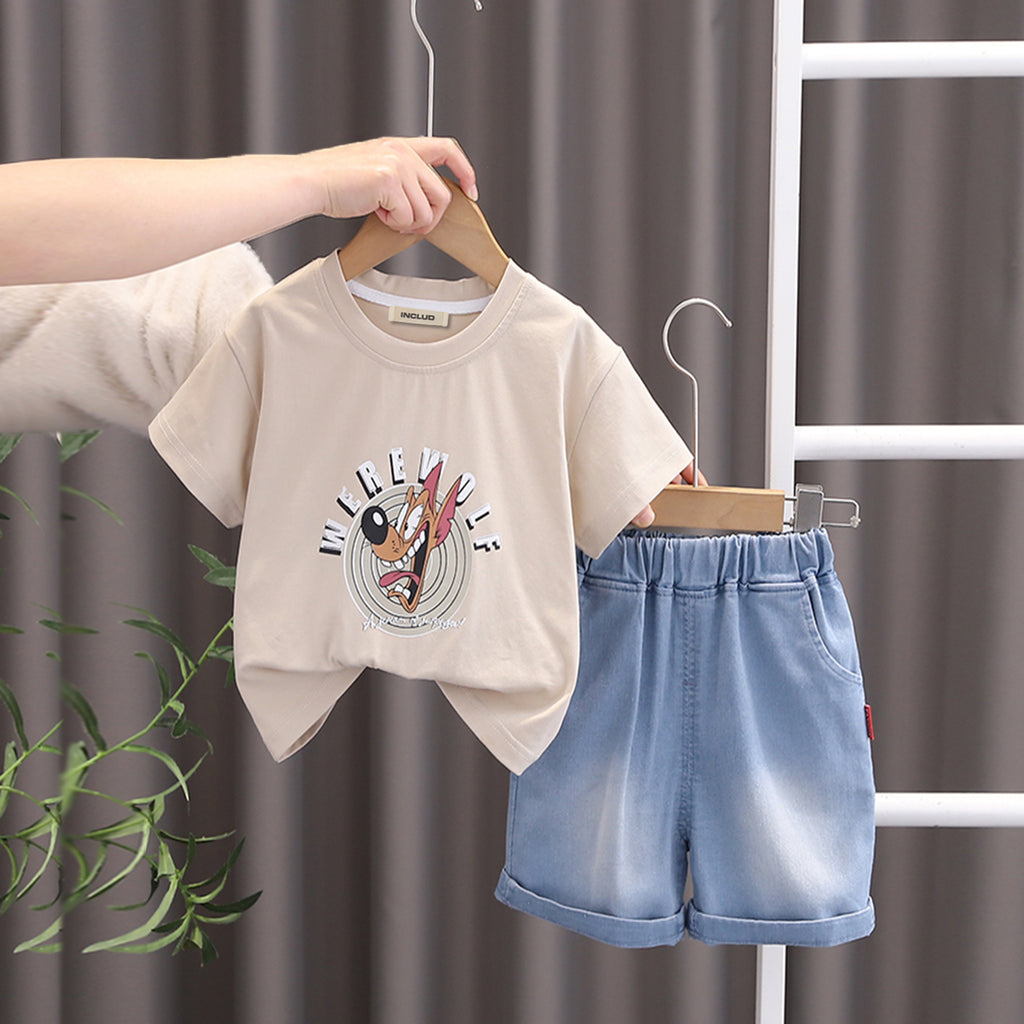 Boys Animal Printed Beige T-Shirt With Denim Shorts Set 2 pc. Sets Beige 1-2 Y