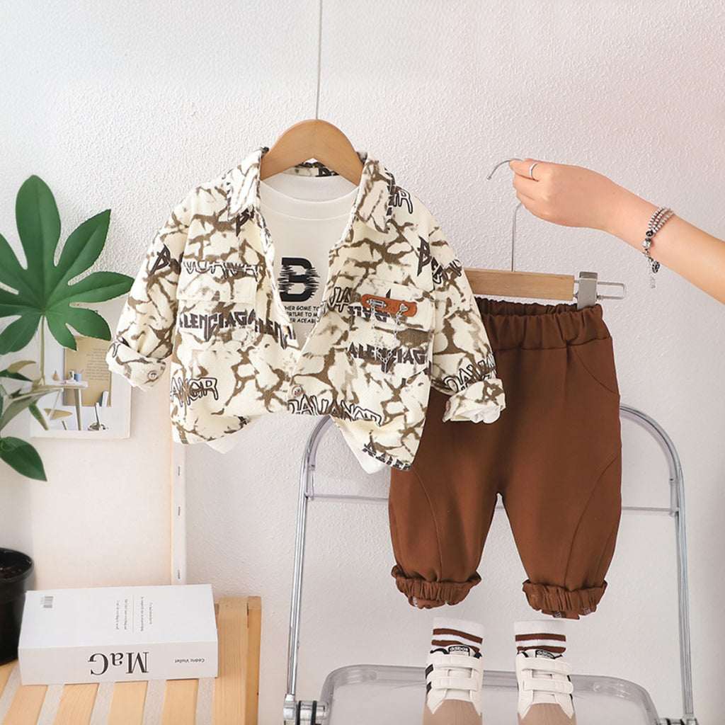 Boys Brown Typographic Printed Shirt With T-Shirt and Pants Set Sets Brown 1-2 Y