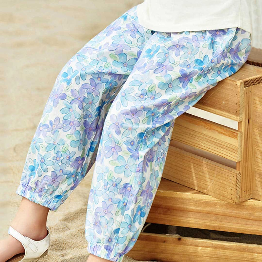 Girls Flower Printed Elasticated Pants Pants Purple 1-2 Y 