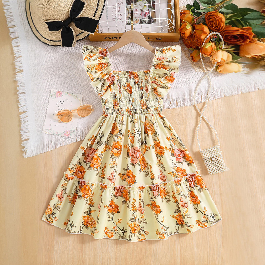 Girls Yellow Floral Printed Sleeveless Smocked Fit And Flared Casual Dress Casual Dresses Yellow 3-4 Y