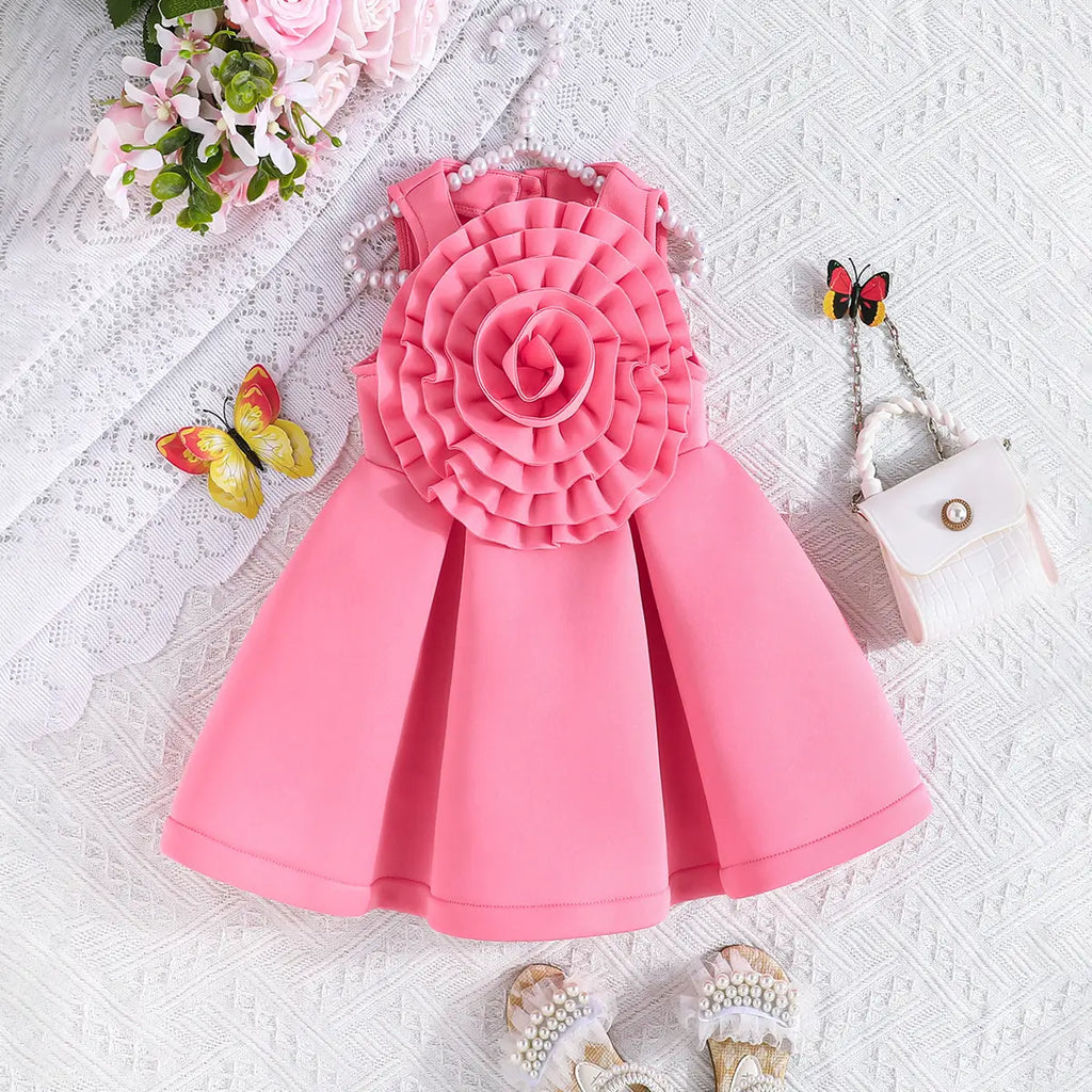 Girls Adorable Pink Sleeveless Dress with 3D Flower Embellishment Casual Dresses Pink 1-2 Y