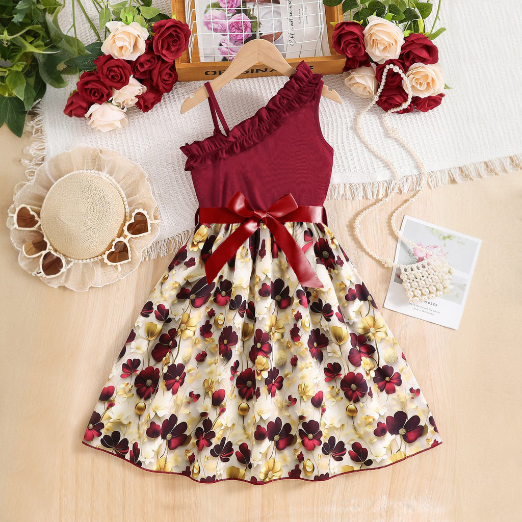 Girls Maroon Floral Printed One Shoulder Fit And Flared Dress Casual Dresses Maroon 3-4 Y
