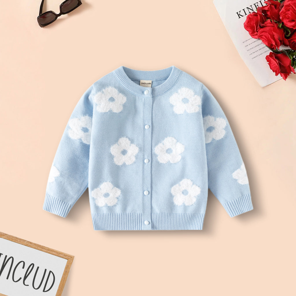 Girls Light Blue Winter Cardigan With Self-Design Floral Patterns Sweaters & Cardigans Light Blue 2-3 Y