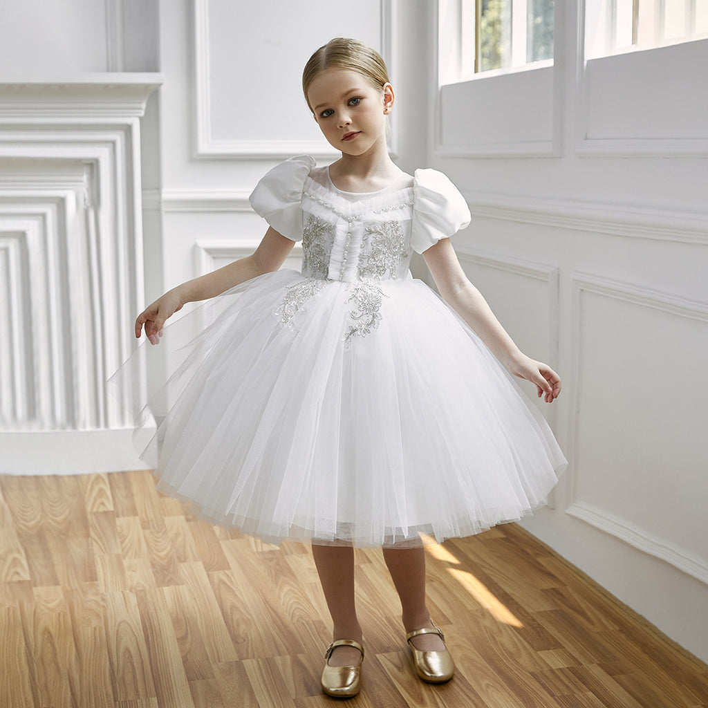 Girls Pristine Embroidered Tulle Overlay Dress with Statement Back Bow Party Dresses White 3-4 Y