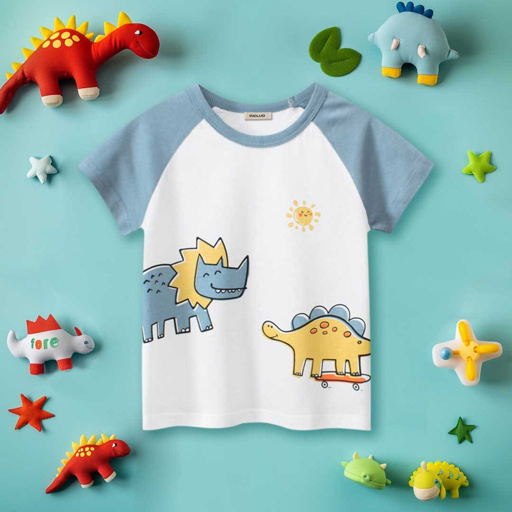 Boys Dinosaur Print Raglan Sleeves T-Shirt Tshirts Beige 1-2 Y 