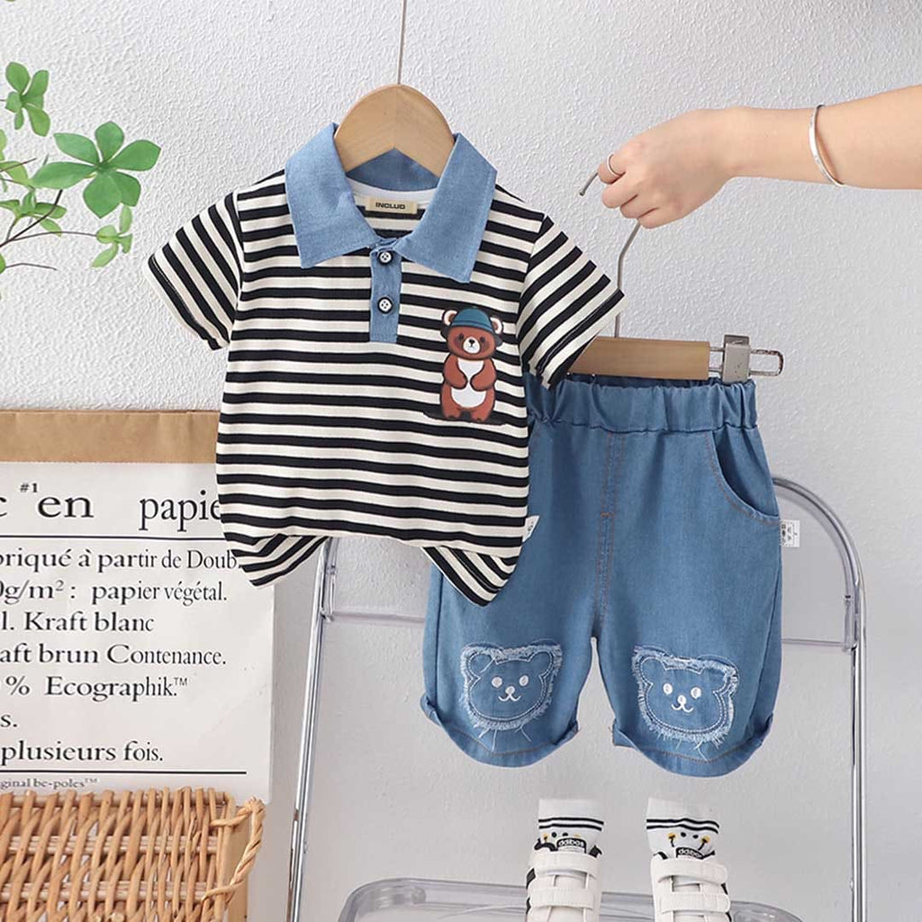 Boys Short Sleeve Striped Polo T-Shirt With Denim Pants Set 2 pc. Sets Black 1-2 Y 