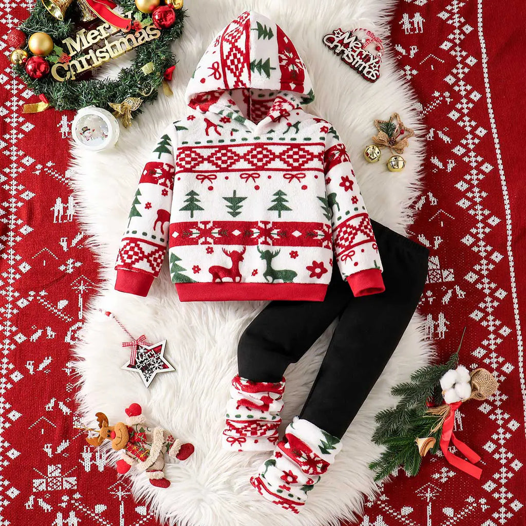 Girls White Self-Design Christmas Patterns Hooded Sweatshirt With Leggings Sets 2 pc. Sets White 3-4 Y