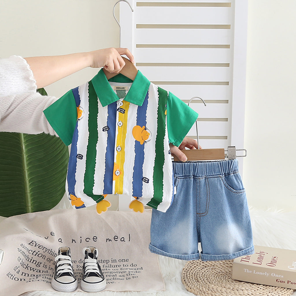 Boys Green Stripe Printed Short Sleeves Shirt With Denim Shorts Set 2 pc. Sets Green 1-2 Y