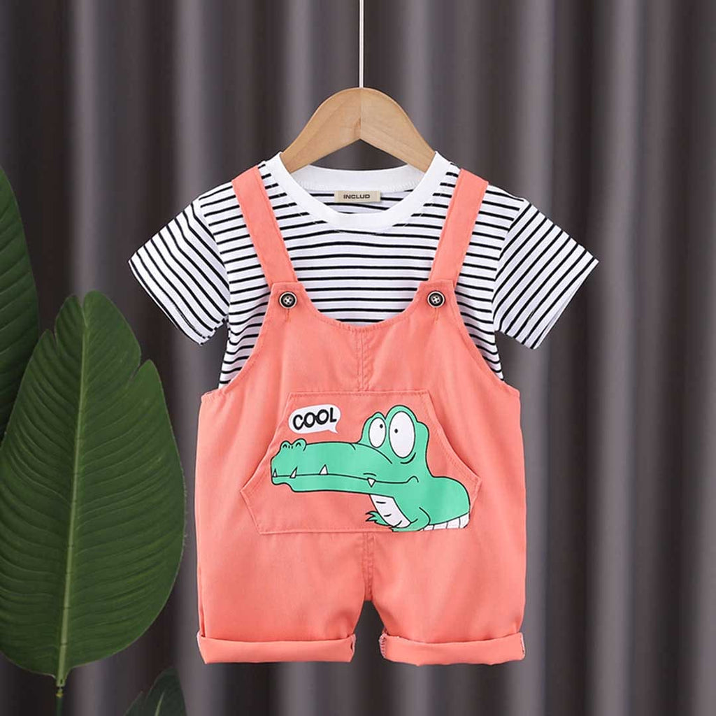 Girls Striped T-shirt with Alligator Print Dungaree Set Sets Orange 1-2 Y 