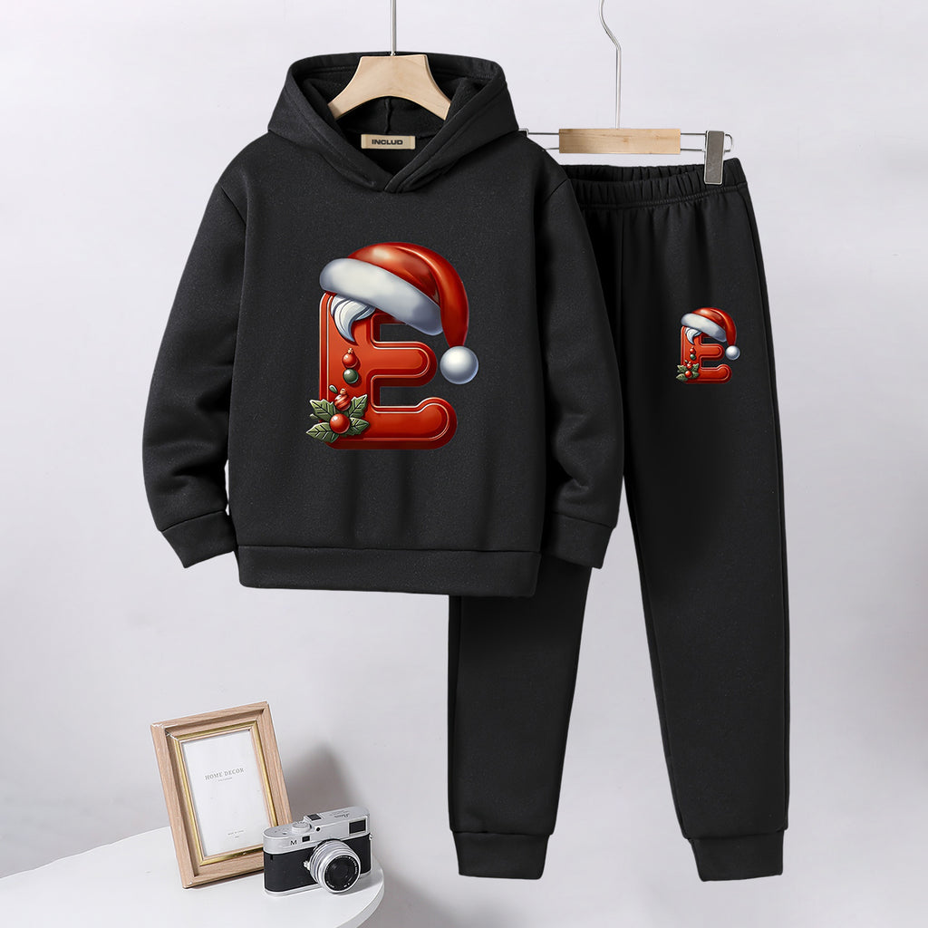 Boys Black Santa Cap Printed Hooded Sweatshirt with Joggers Set Sets Black 5-6 Y