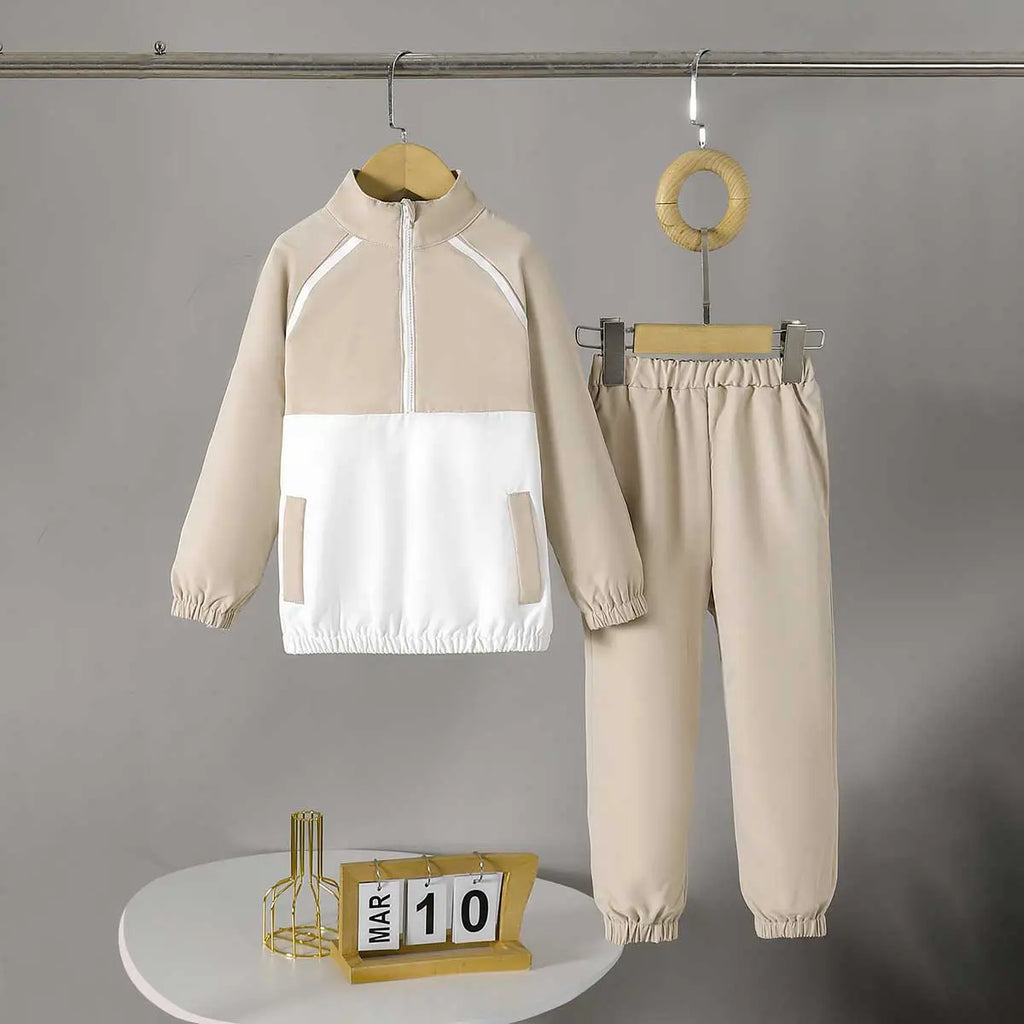 Boys Beige Raglan Sleeves Half Zipper Jacket With Jogger Sets 2 pc. Sets Beige 3-4 Y