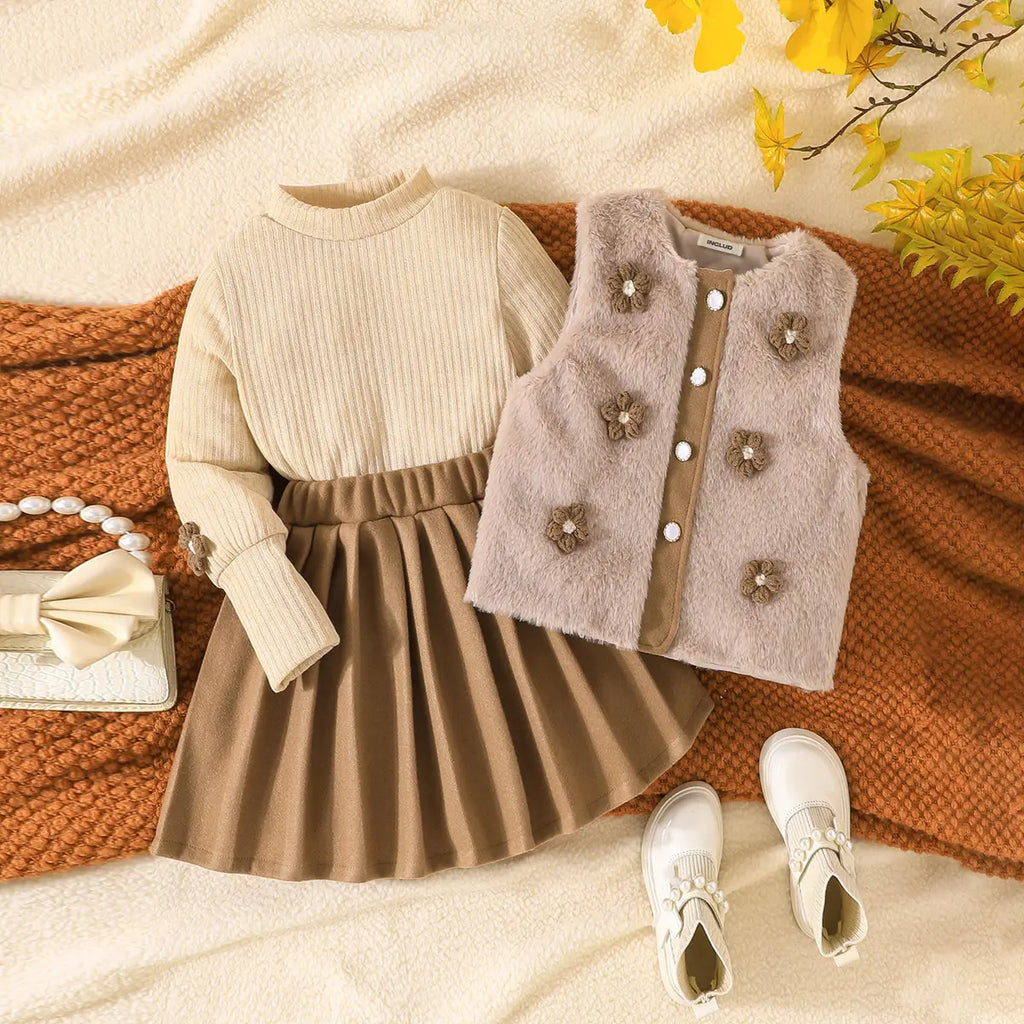 Girls Apricot Solid Top With Sleeveless Jacket & Pleated Skirt Sets Sets Apricot 2-3 Y