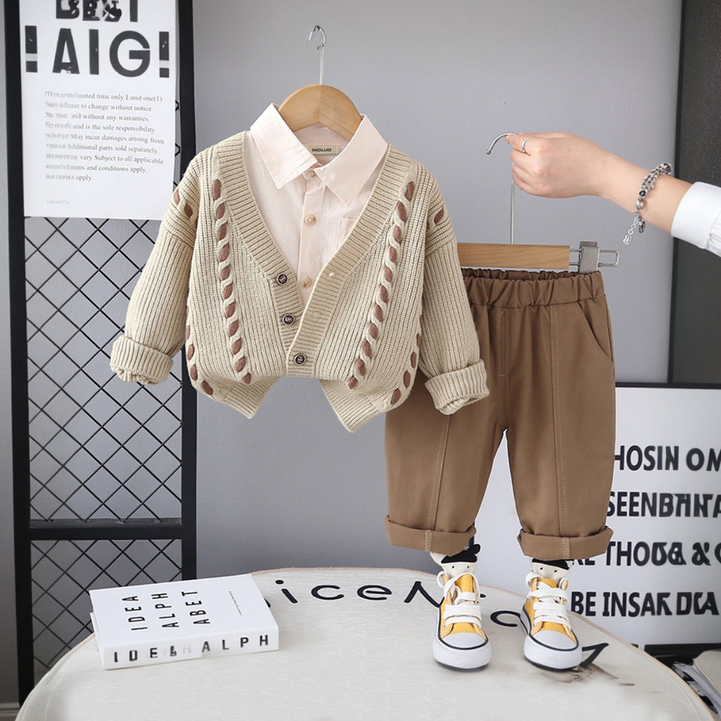 Boys Khaki Self-Design Cardigan With Shirt and Pants Set Sets Khaki 1-2 Y