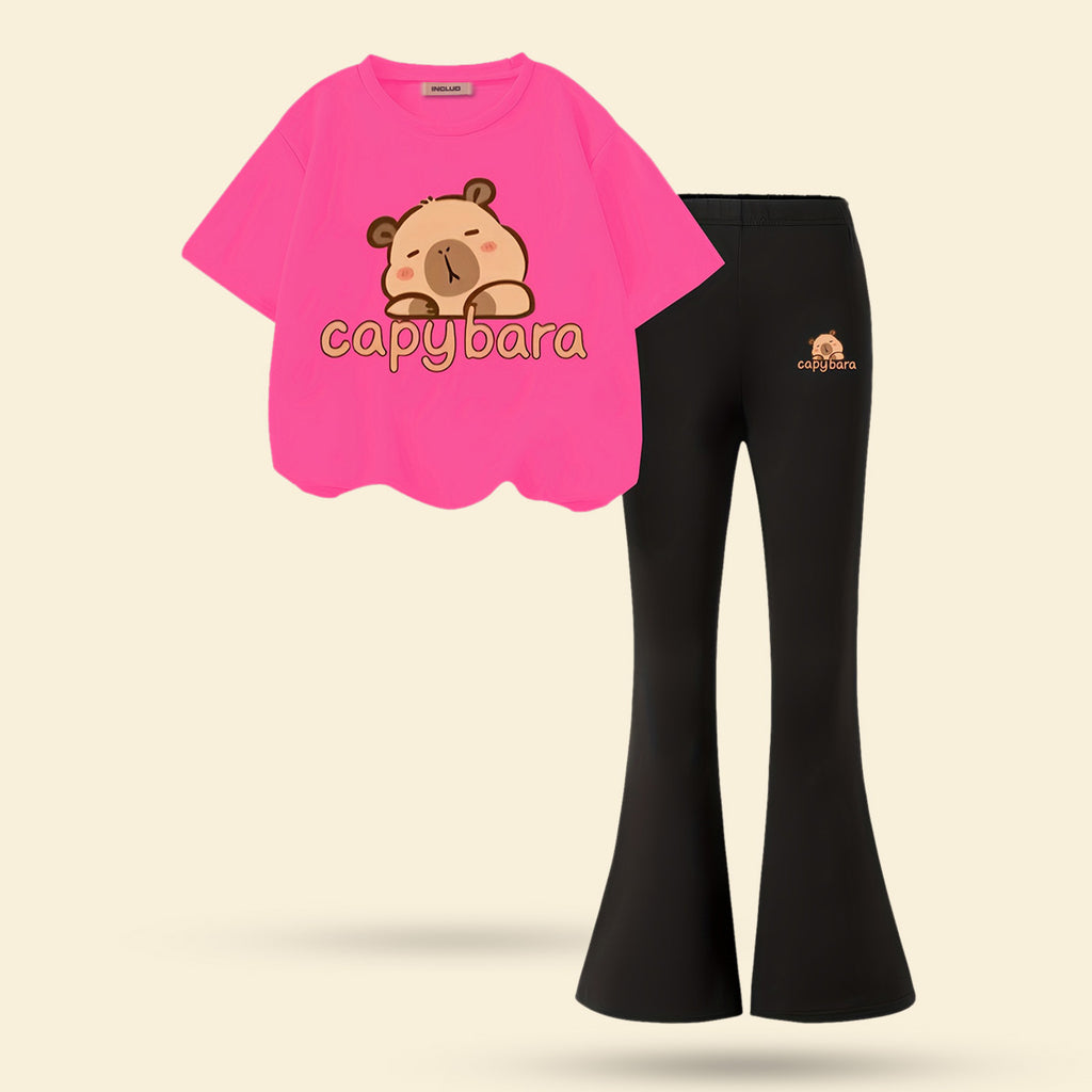 Girls Fuchsia Teddy Print Short Sleeve Top With Bell Bottom Pants Set 2 pc. Sets Fuchsia 7-8 Y