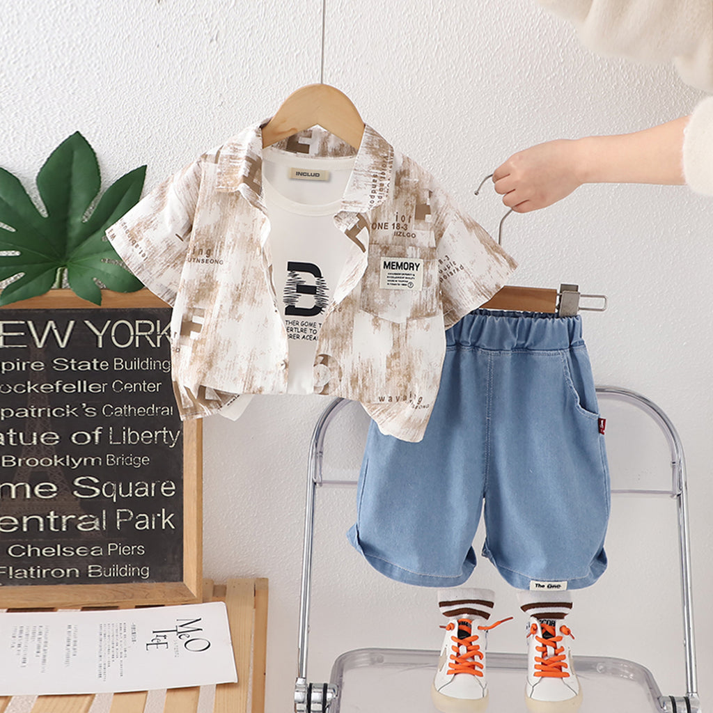 Boys Brown Short Sleeves Printed Shirt With T-Shirt And Denim Shorts Set 3 pc. Sets Brown 1-2 Y