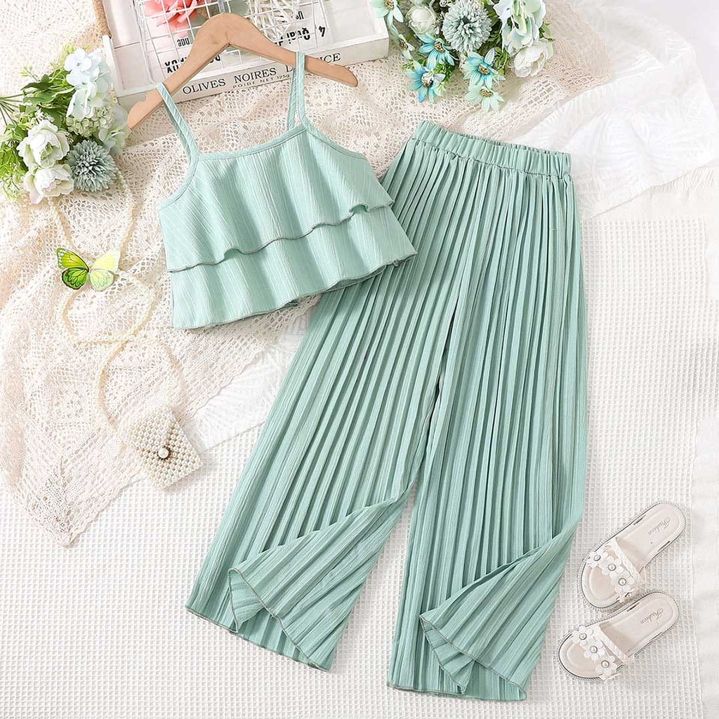 Girls Sleeveless Crop Top With Straight Fit Pants Sets 2 pc. Sets Green 8-9 Y 