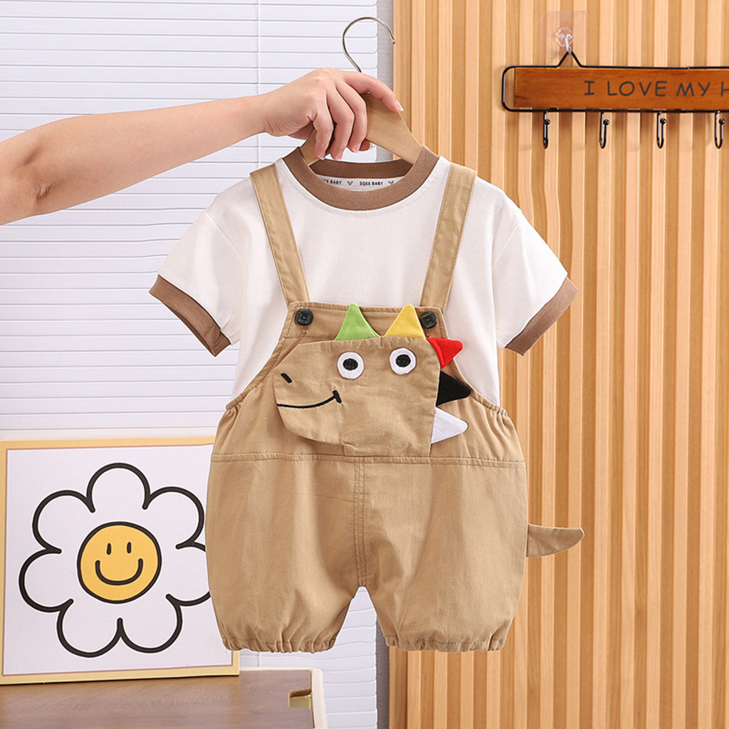Boys Short Sleeve T-Shirt With Applique Dungaree 2 pc. Sets Brown 1-2 Y 