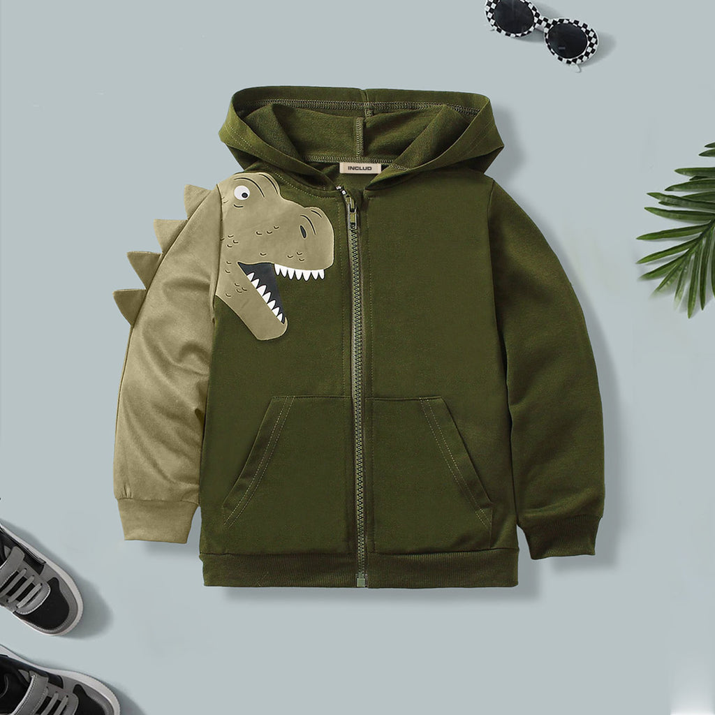 Boys Olive Green Dinosaur Print Hooded Jacket Coats & Jackets Olive 3-4 Y