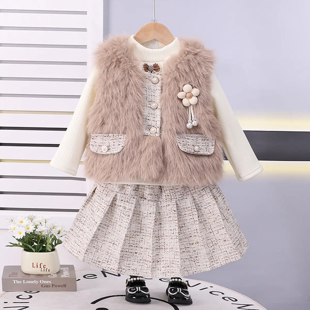 Girls Khaki Sleeveless Jacket With Regular T-Shirt And Skirt Sets 3 pc. Sets Khaki 1-2 Y