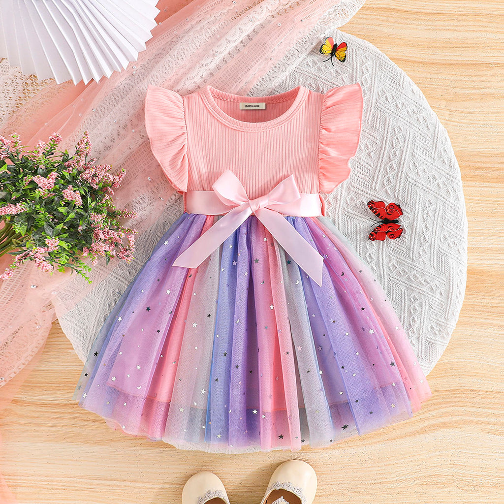 Girls Peach Star Printed Flutter Sleeves Dress Casual Dresses Peach 1-2 Y