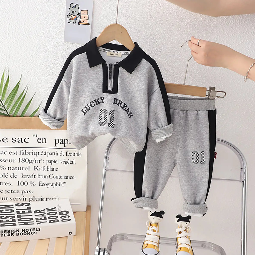 Boys Grey Alphanumeric Printed Polo Sweatshirt With jogger Co-ord Sets Sets Grey 1-2 Y