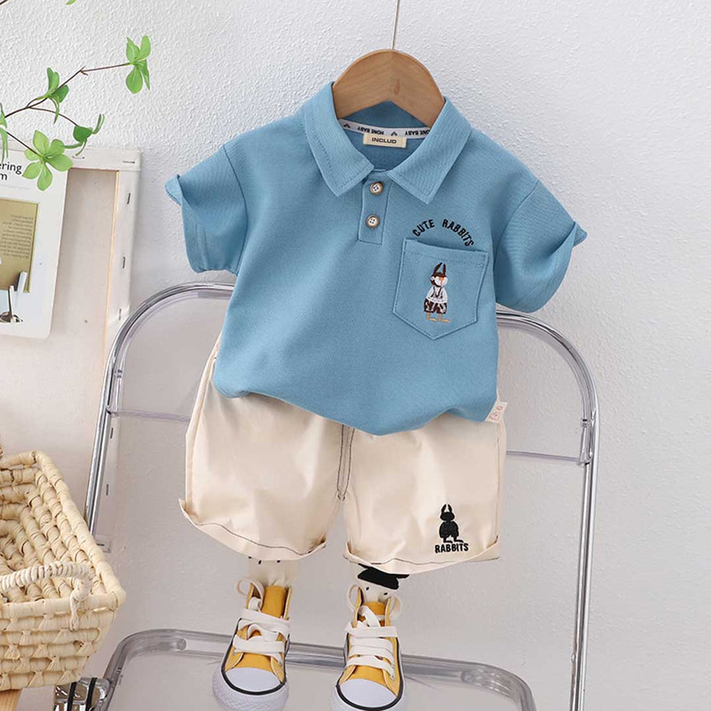 Boys Cute Rabbit Embroidery Polo T-Shirt With Shorts Set 2 pc. Sets Blue 1-2 Y 