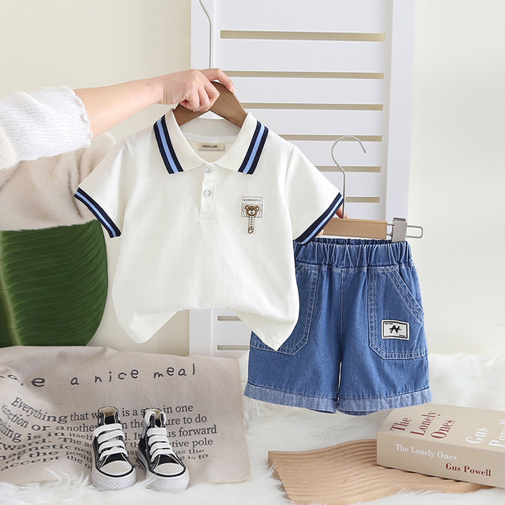Boys White Striped Collar Polo T-Shirt With Denim Shorts Set 2 pc. Sets White 1-2 Y