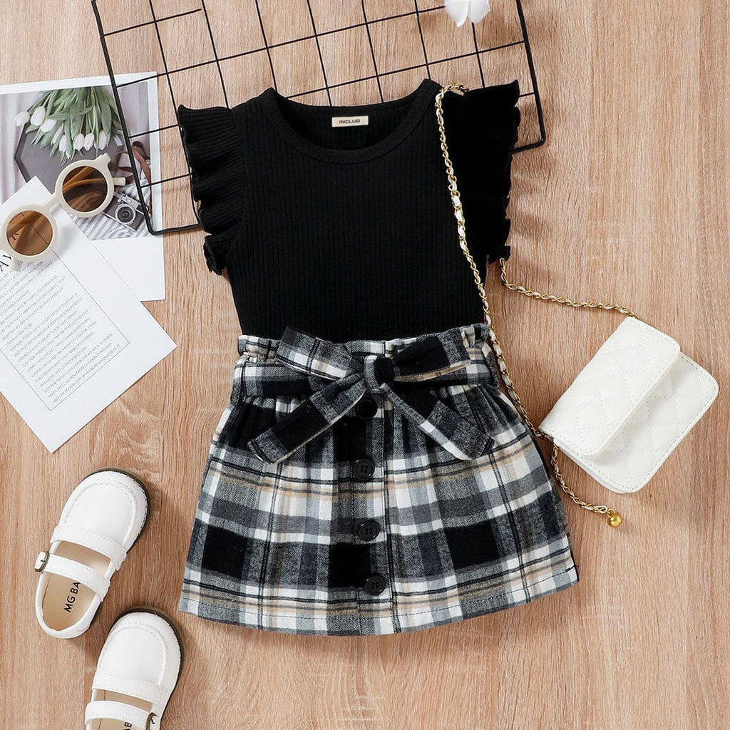 Girls Short Sleeve Top With Check Skirt And Belt 2 pc. Sets Black 1-2 Y 