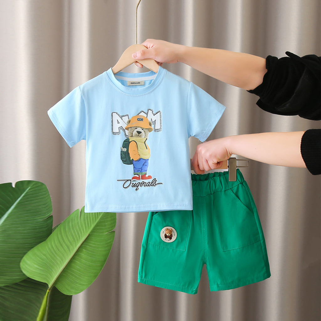 Boys Sky blue Teddy With Bag Pack Printed T-Shirt With Shorts set 2 pc. Sets Sky Blue 1-2 Y