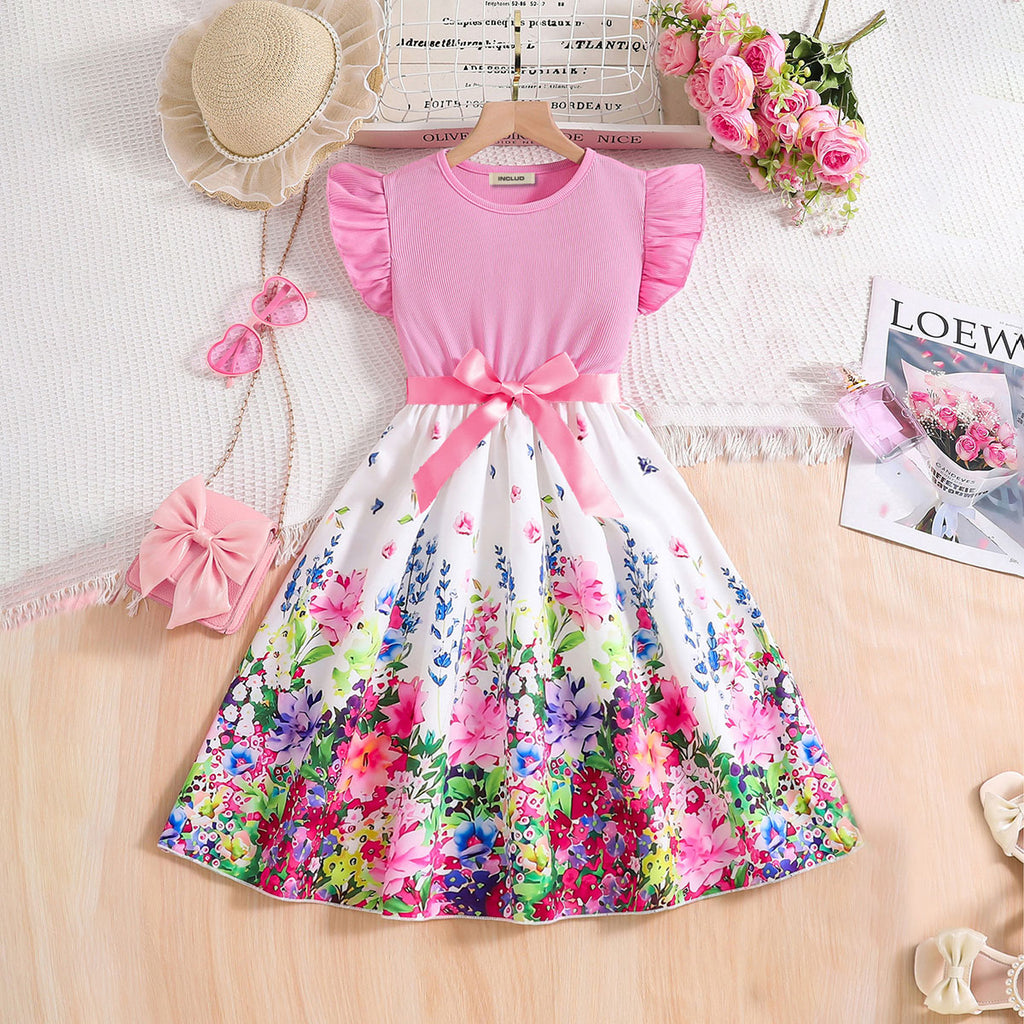 Girls Pink Floral Printed Flutter Sleeves Fit And Flared Casual Midi Dress Casual Dresses Pink 3-4 Y