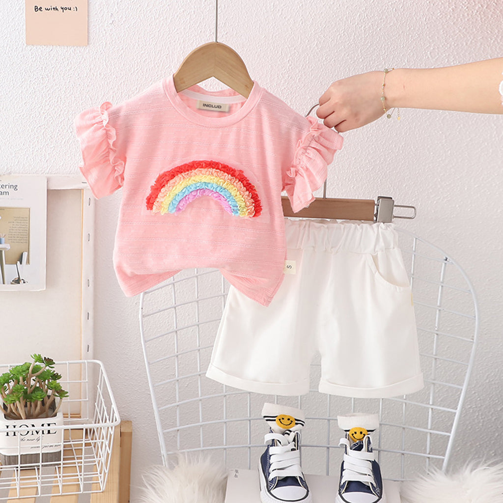 Girls Rainbow Applique Short Sleeve T-Shirt With Shorts 2 pc. Sets Pink 1-2 Y 