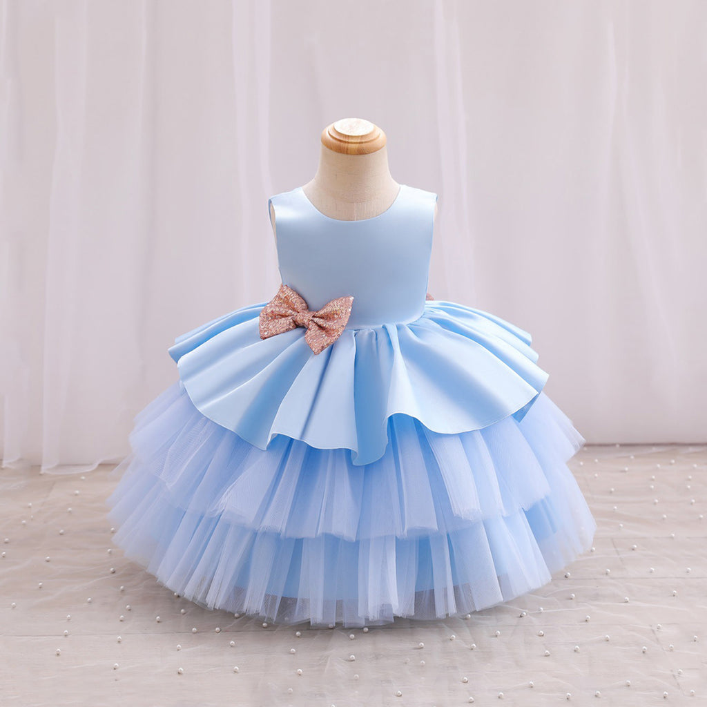 Girls Sleeveless Sequins Bow Party Dress Party Dresses Sky Blue 1-2 Y 