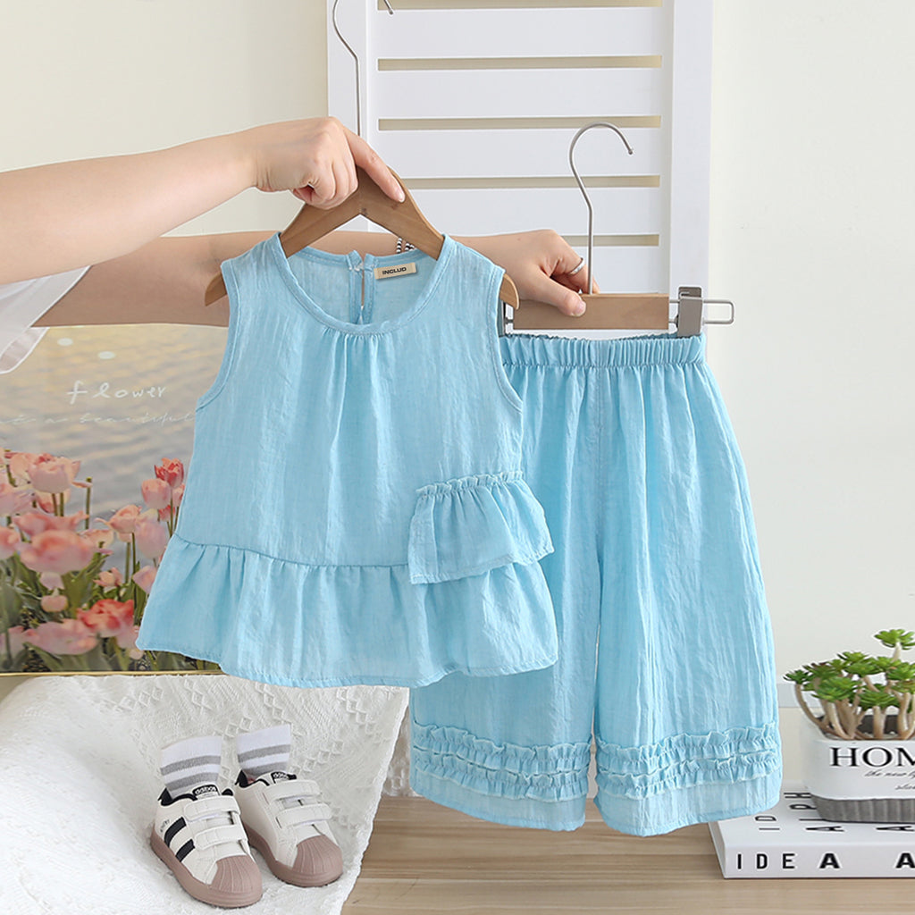 Girls Sky Blue Sleeveless Bottom Ruffled Tunic Top With Pants Set 2 pc. Sets Sky Blue 1-2 Y