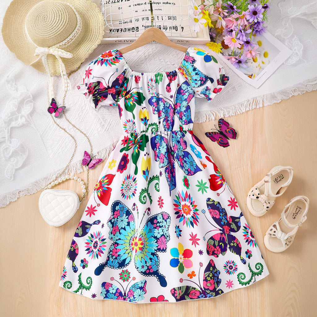 Girls Multi Butterfly Printed Puff Sleeves Scoop Neck Fit & Flare Casual Dress Casual Dresses