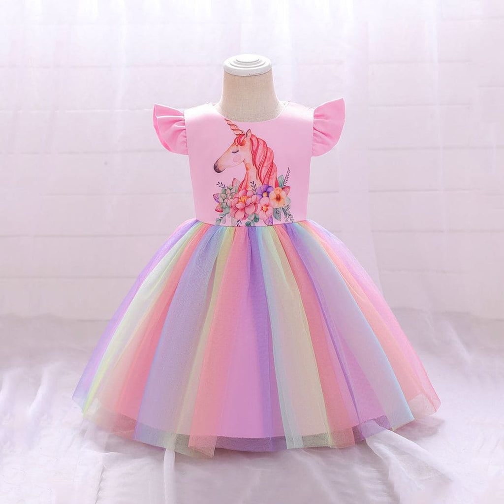 Girls Unicorn Print Party Wear Dress Party Dresses Pink 1-2 Y 