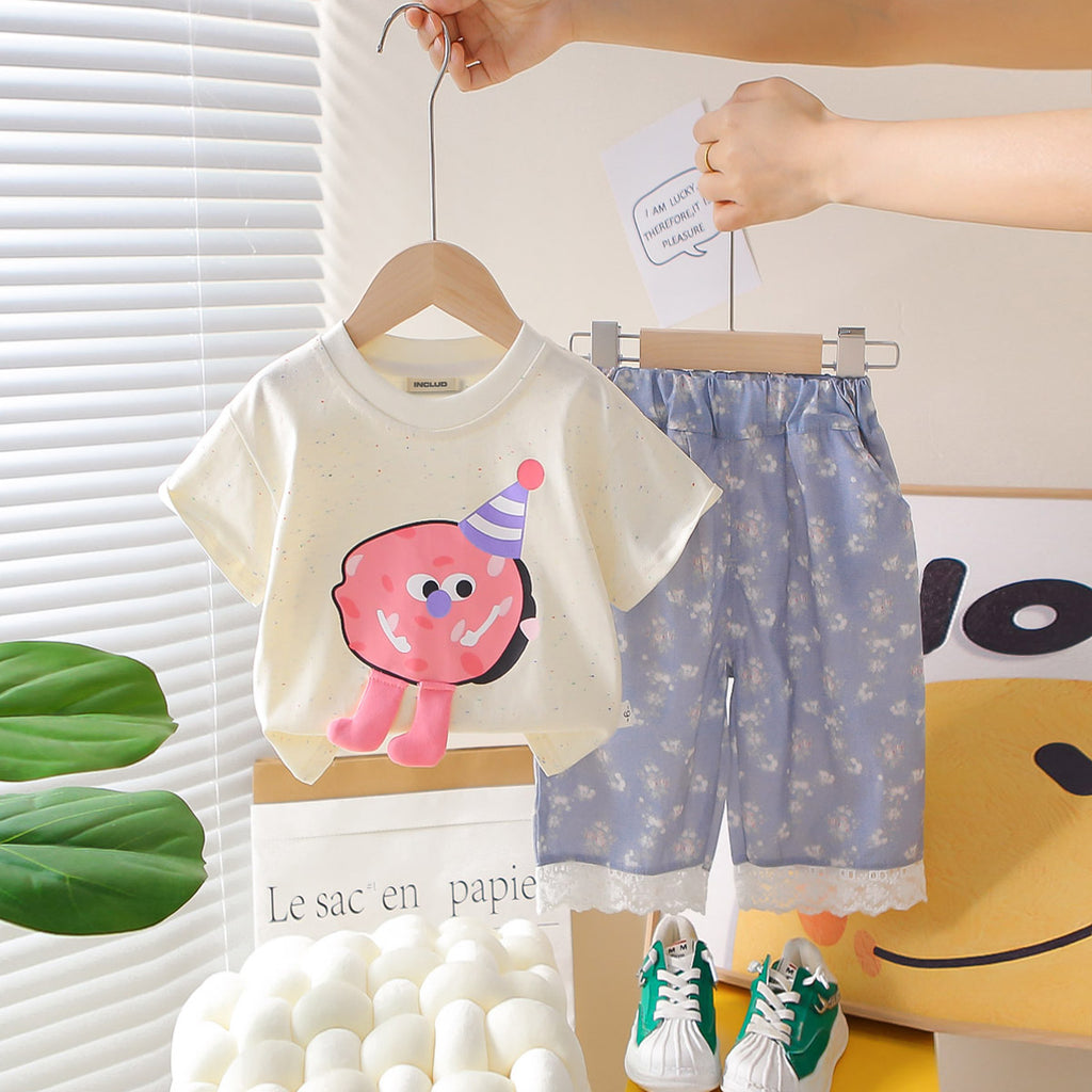 Girls Apricot Cartoon Printed Short Sleeves T-Shirt With Bermudas Set 2 pc. Sets Apricot 1-2 Y