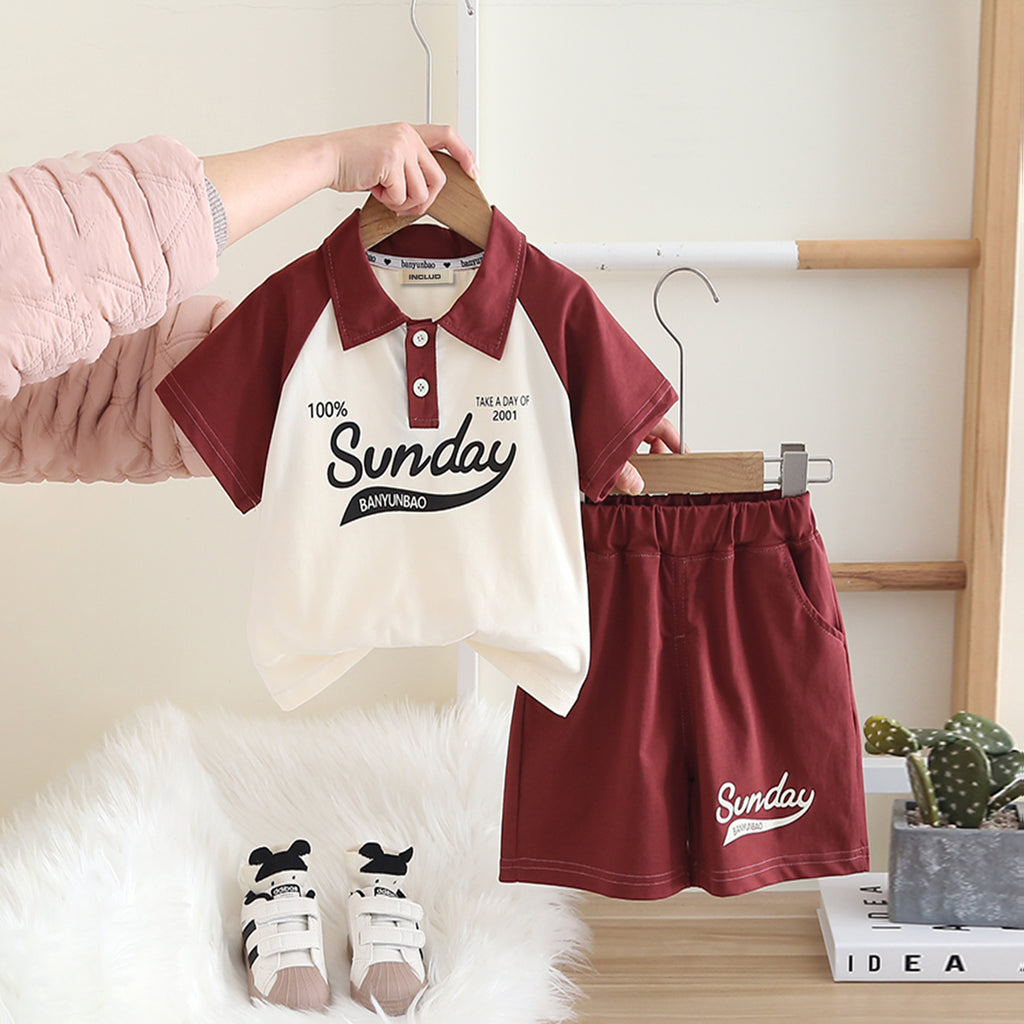 Boys Maroon Raglan Sleeve Printed Polo T-shirt with Shorts Set 2 pc. Sets Maroon 1-2 Y