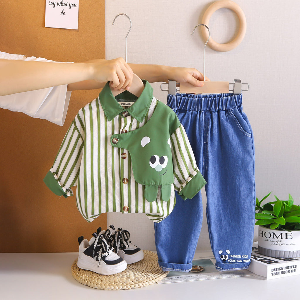 Boys Green Stripes Shirt With Denim Pants Set 2 pc. Sets Green 1-2 Y