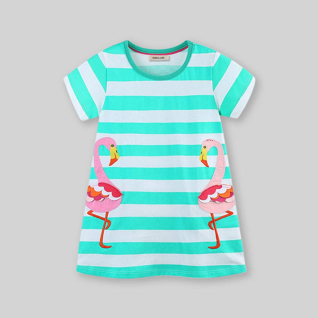 Girls Patch Applique Striped A-Line Dress Casual Dresses Green 1-2 Y 
