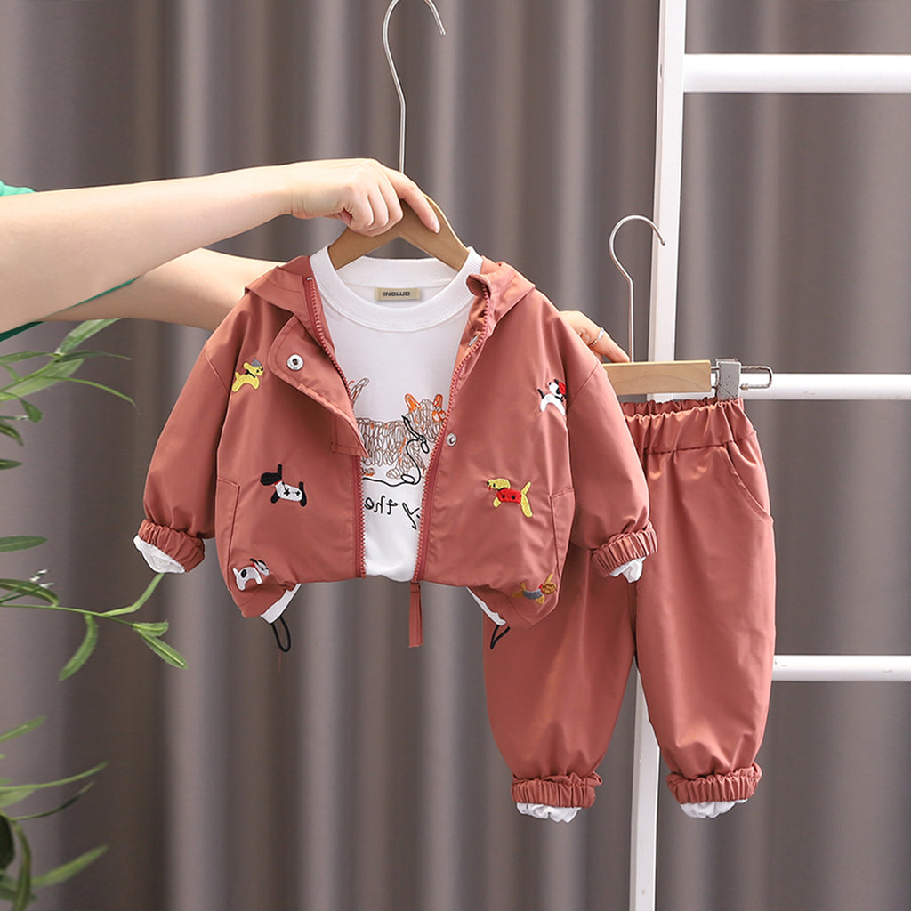Boys Brick Red Embroidered Windcheater with Joggers & T-shirt Set Sets Red 1-2 Y