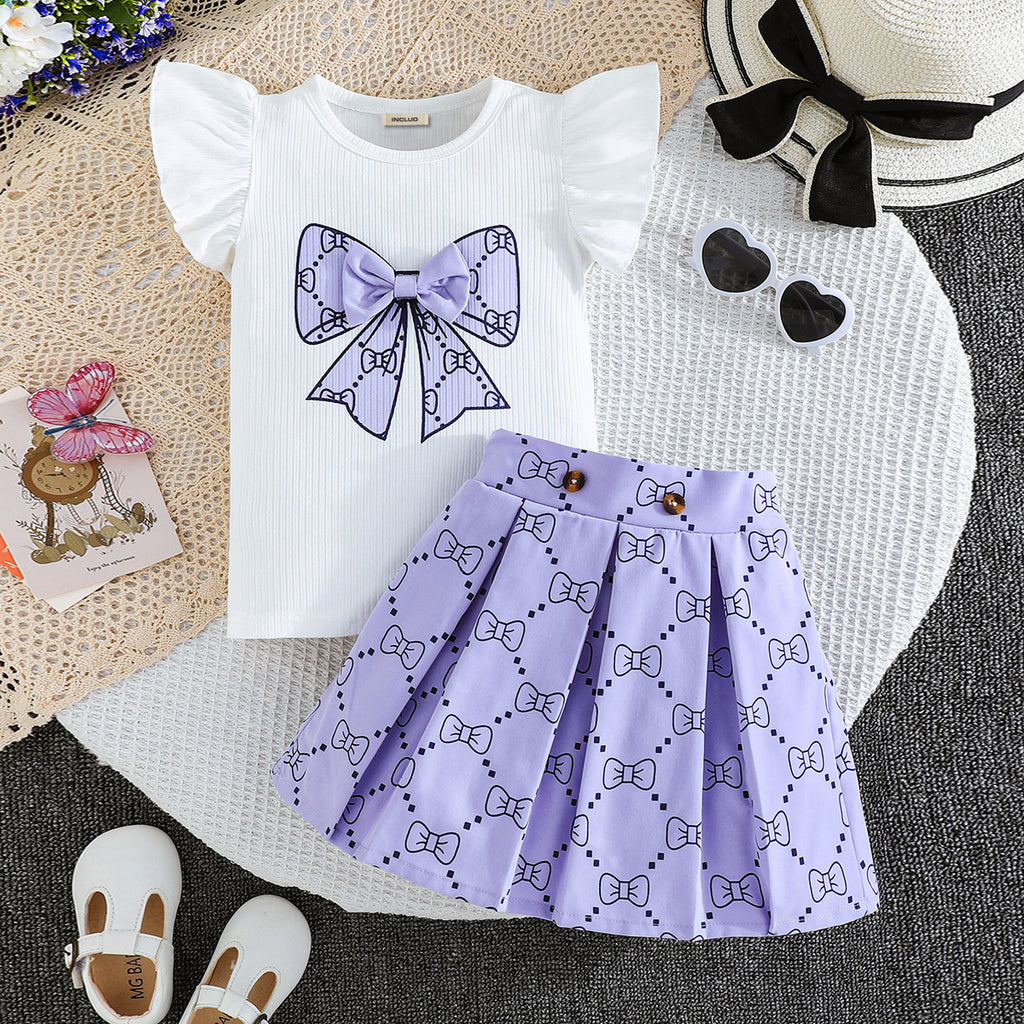 Girls Purple Bow Printed Flutter Sleeves Top With Pleated Skirt Set 2 pc. Sets Purple 2-3 Y