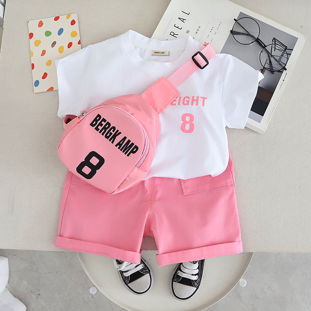 Boys Printed Short Sleeves T-Shirt With Pink Shorts And Bag Pack Set 3 pc. Sets Pink 1-2 Y