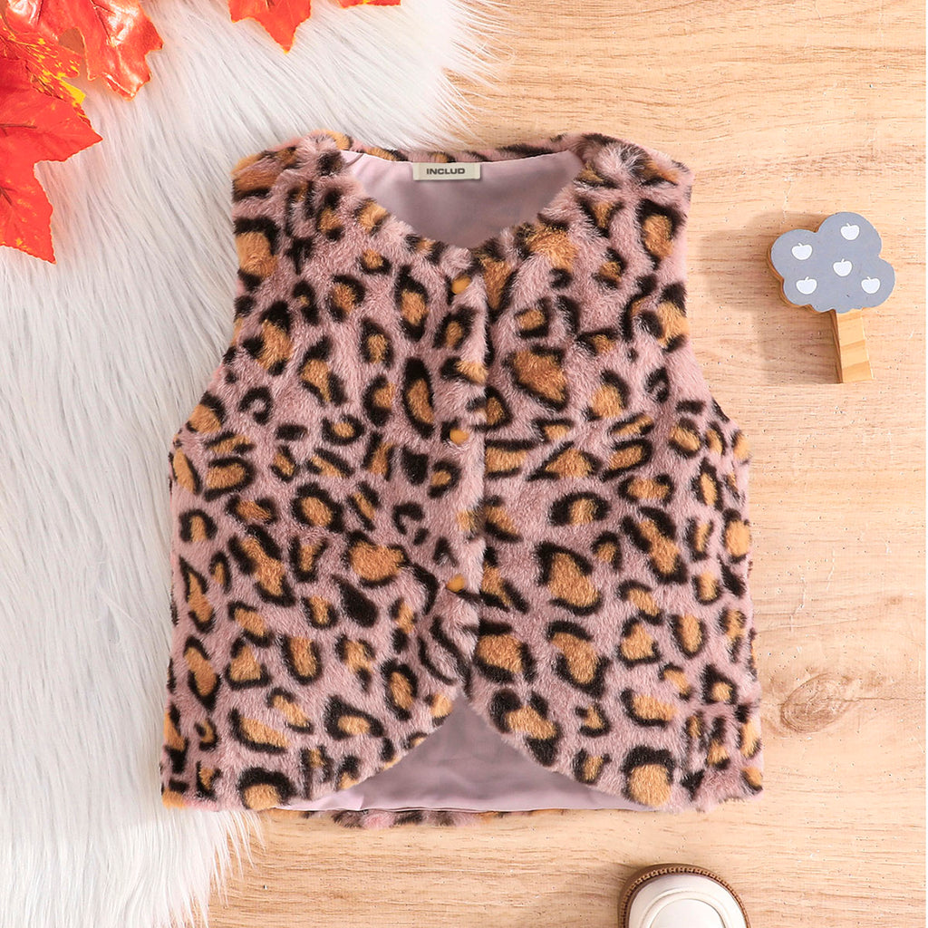 Girls Brown Animal Print Sleeveless Plush Coat Coats & Jackets Brown 3-4 Y