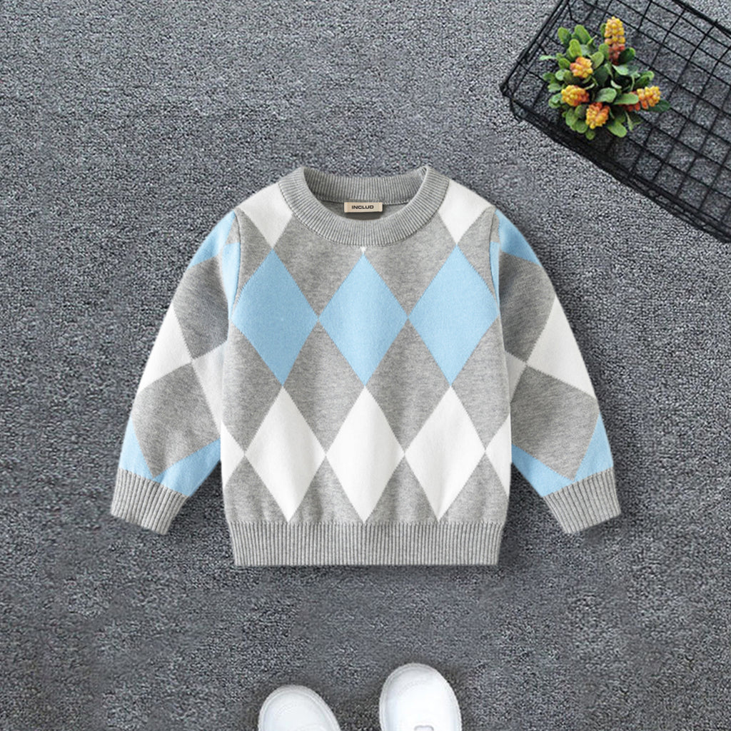 Boys Multicolor Regular Sweater With Self-Design Diamond Patterns Sweaters & Cardigans Multicolor 2-3 Y