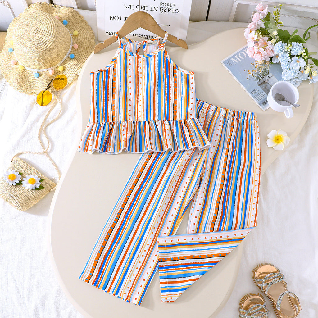 Girls Multicolor Striped Halter Top With Pants Summer Co-Ord Set 2 pc. Sets Multicolor 3-4 Y