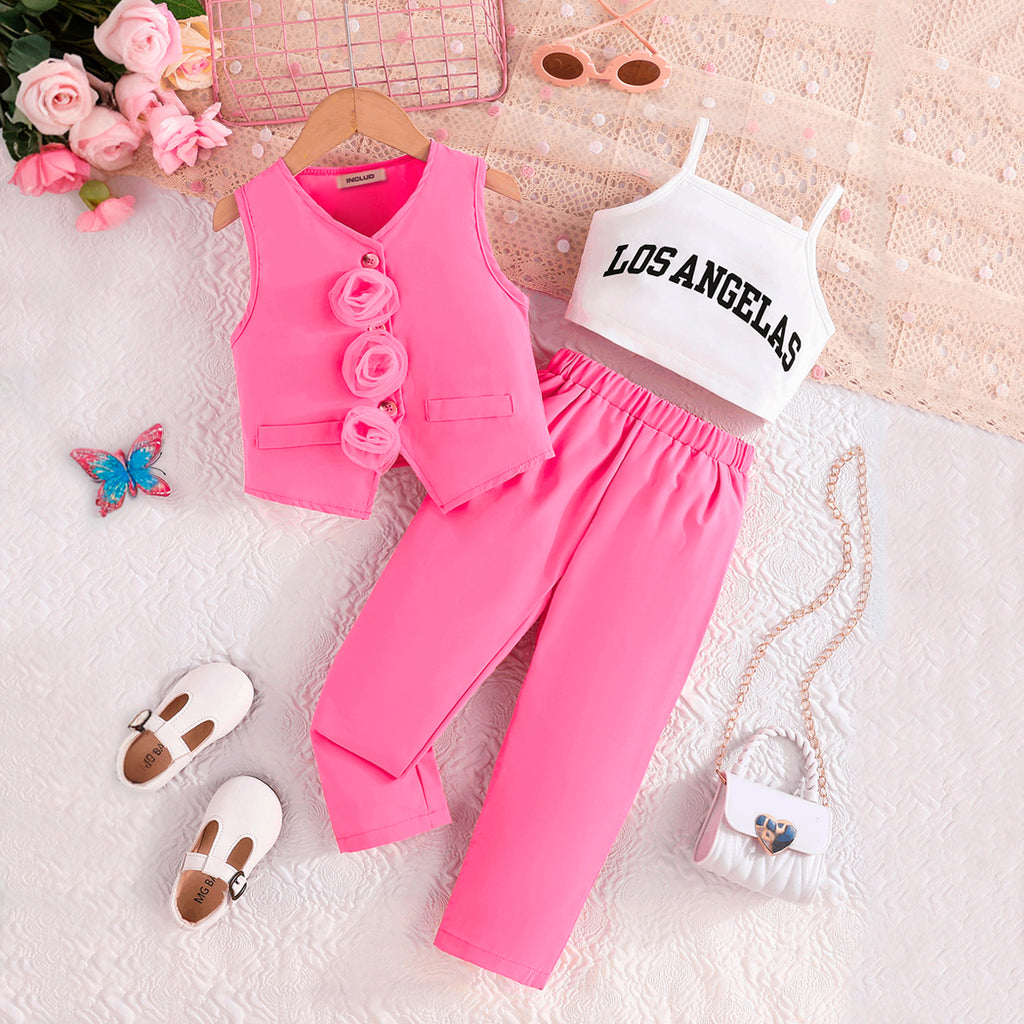 Girls Pink Floral Applique Waistcoat With Camisole Top And Pants Set 3 pc. Sets Pink 2-3 Y