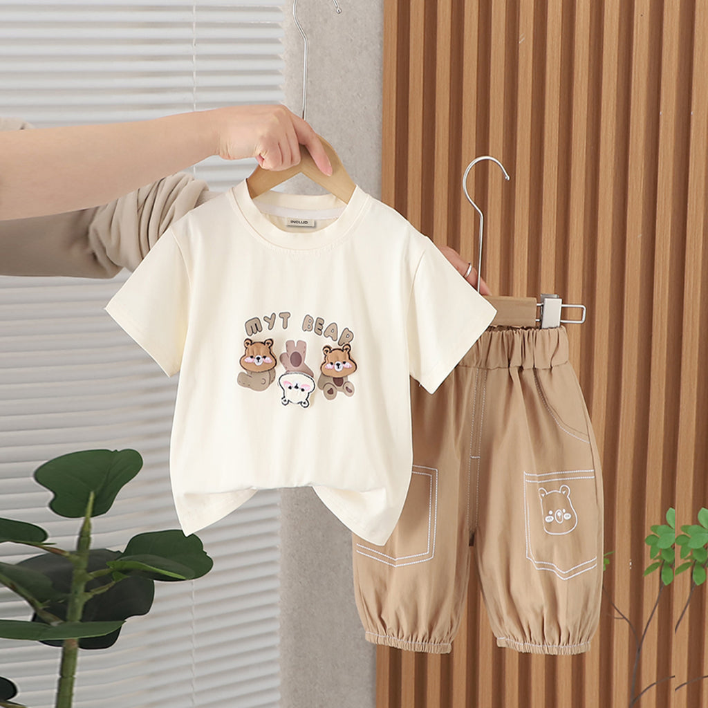 Boys Bear Printed Short Sleeves T-Shirt With Khaki Bermudas Set 2 pc. Sets Khaki 1-2 Y
