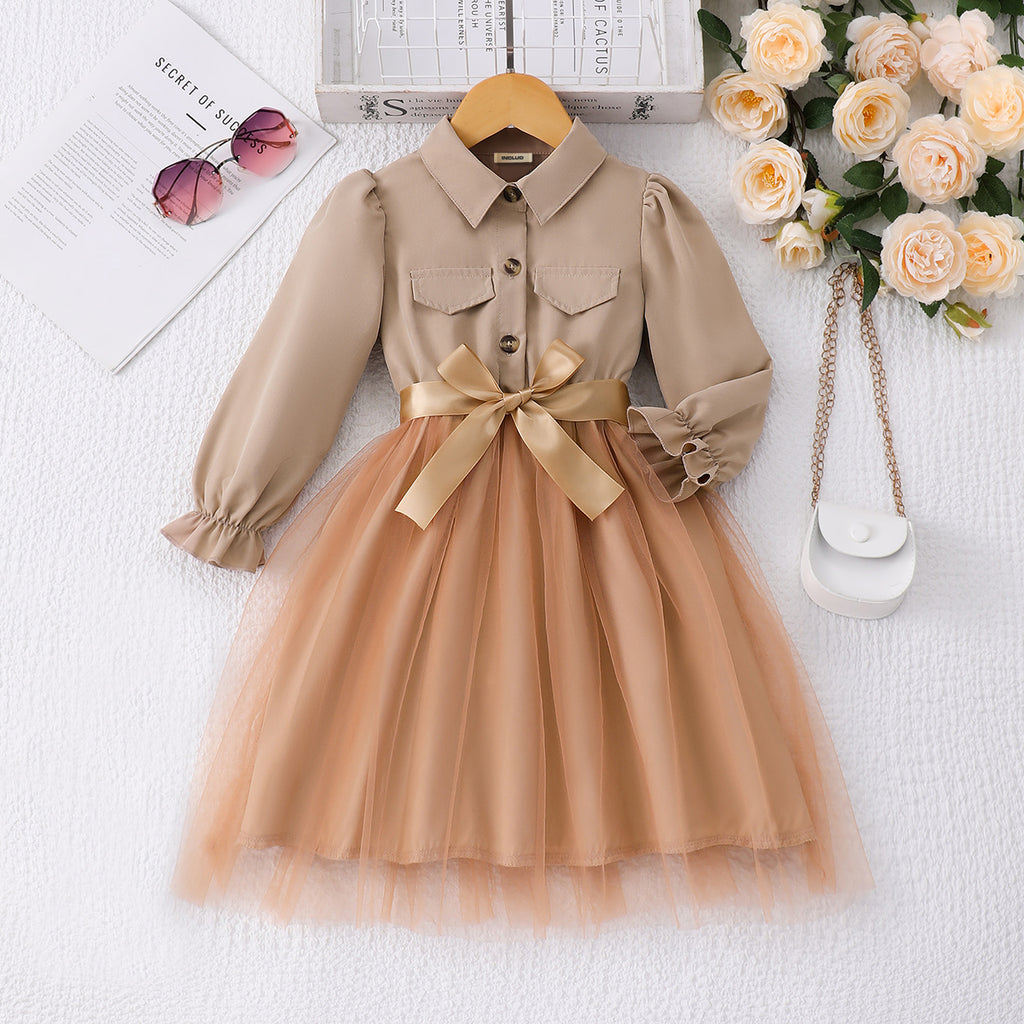Girls Khaki Solid Tulle Overlay Shirt Dress Casual Dresses Khaki 3-4 Y