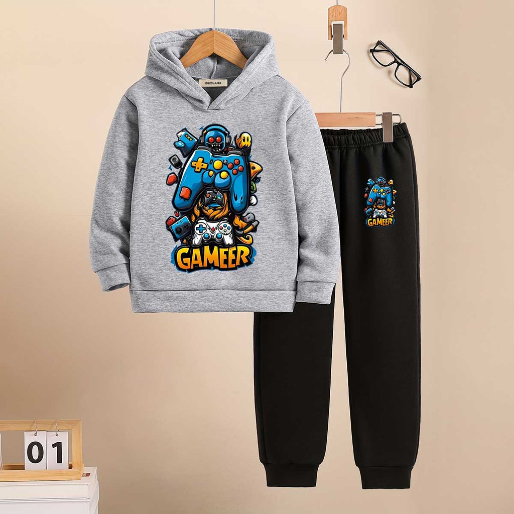 Boys Grey Gamer Theme Printed Hooded Sweatshirt With Jogger Set 2 pc. Sets Grey 5-6 Y
